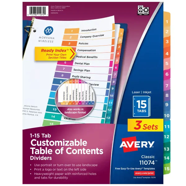 Avery&reg; Ready Index&reg; Dividers, 15 Tab Sets, Customizable Table of Contents, Multicolor Tabs, 3 Sets (11074)