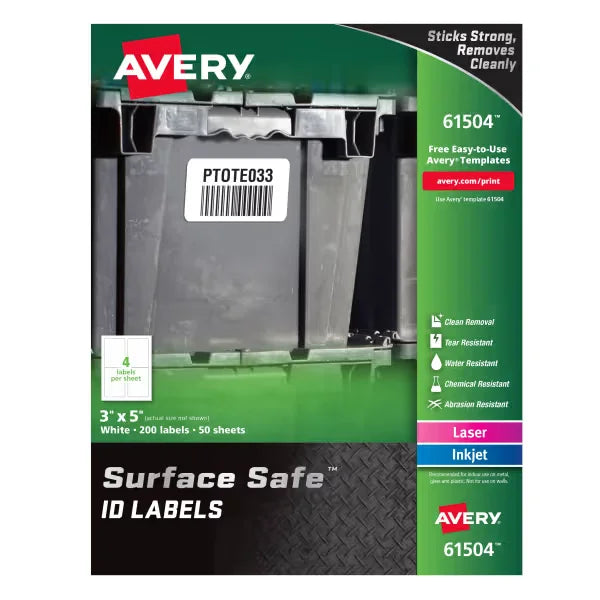 Avery&reg; Surface Safe&reg; Durable ID Labels, Removable Adhesive, Water & Chemical Resistant, 3" x 5", 200 Labels (61504)