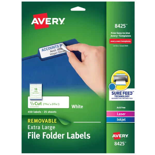 Extra Large File Folder Labels, 15/16" x 3-7/16", 450 Printable Labels, Removable Adhesive, Matte White (8425)