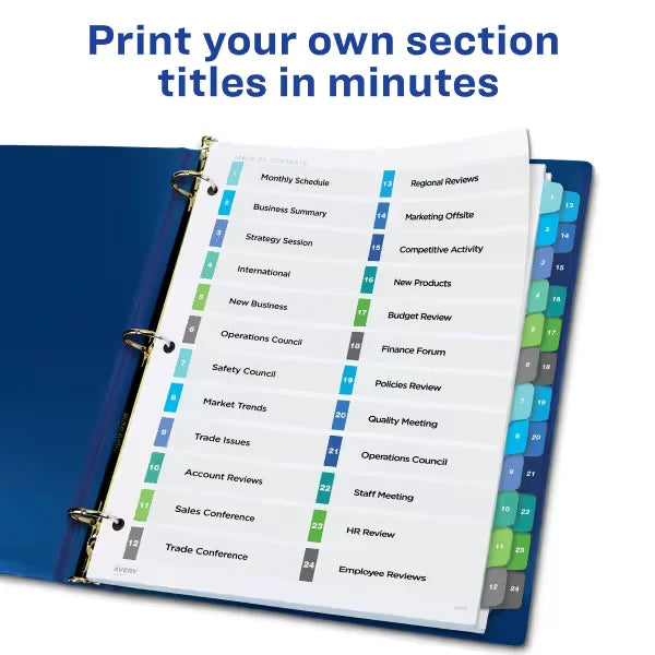 Avery&reg; Ready Index&reg; 24 Tab Double Column Binder Dividers, Customizable Table of Contents, Multicolor Tabs, 1 Set (11321)
