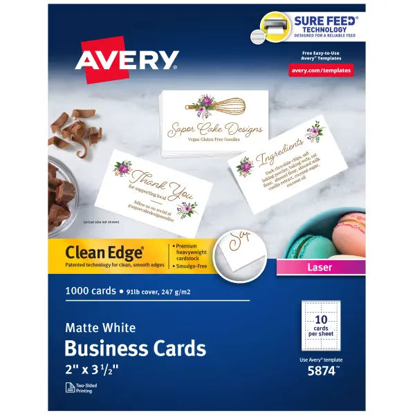 Avery&reg; Clean Edge&reg; Printable Business Cards with Sure Feed Technology, 2" x 3-1/2", White, 1,000 Blank Cards for Laser Printers (05874)