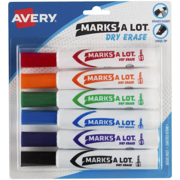 Avery(R) Marks A Lot(R) Desk-Style Dry Erase Markers, Chisel Tip, Assorted Colors, 6 Markers (24432)