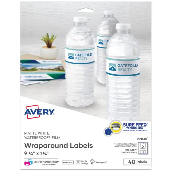 Avery&reg; Durable Waterproof Wraparound Rectangle Labels with Sure Feed&reg; Technology, 1-1/4" x 9-3/4", Matte White, 40 Customizable Labels for Laser and Pigment-Inkjet Printers (22845)