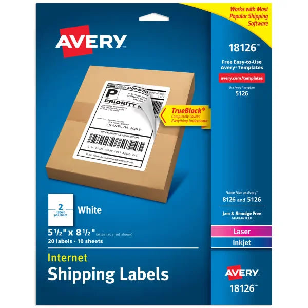 Avery® Half-Sheet Shipping Labels, 5-1/2" x 8-1/2", White, 20 Blank Mailing Labels (18126)