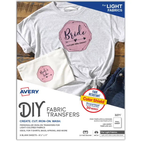 Avery&reg; Fabric Transfers for Light Fabrics, 8-1/2" x 11", Inkjet Printer Compatible, 6 Matte Sheets (3271)