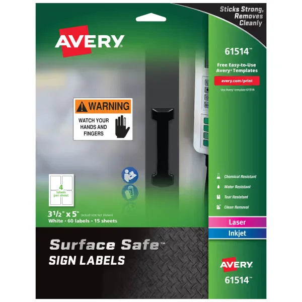 Avery&reg; Surface Safe&reg; Sign Labels, 3-1/2" x 5", Removable Adhesive, Water & Chemical Resistant, Pack of 60 (61514)