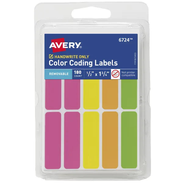 Avery&reg; Color-Coding Removable Labels, 1/2" x 1-3/4", Assorted Neon, Non-Printable, 180 Rectangle Labels Total (6724)