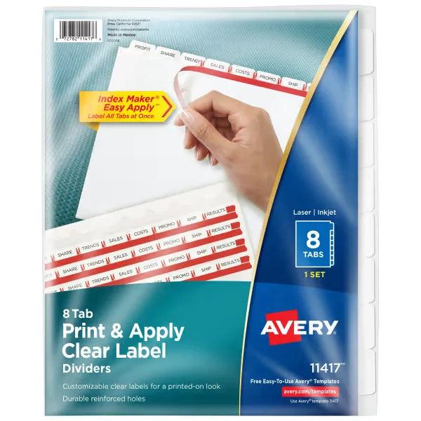 Avery&reg; Print & Apply Clear Label Dividers, Index Maker&reg; Easy Apply&trade; Printable Label Strip, 8 White Tabs (11417)