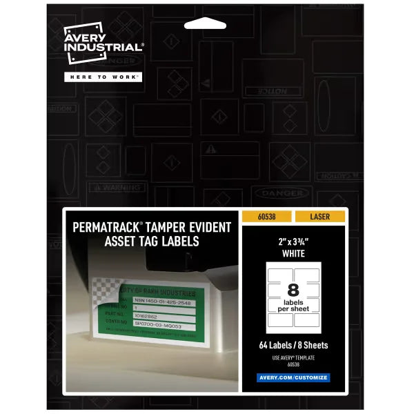 Avery&reg; PermaTrack&reg; Tamper-Evident Asset Tag Labels, 3-3/4" x 2", 64 Labels (60538)