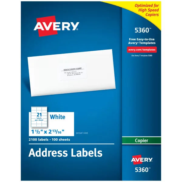 Avery&reg; Address Labels for Copiers, 1-1/2" x 2-13/16", 2,100 White Labels (5360)