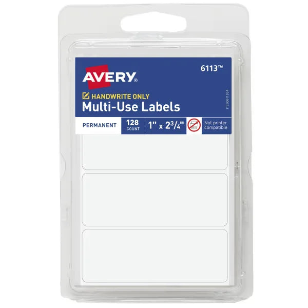 Avery&reg; Multi-Use Permanent Labels, 1" x 2-3/4", White, Non-Printable, 128 Rectangle Labels Total (6113)