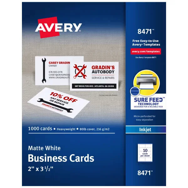 Avery&reg; Business Cards, 2" x 3-1/2", Sure Feed&trade;, Inkjet, 1,000 Cards (8471)
