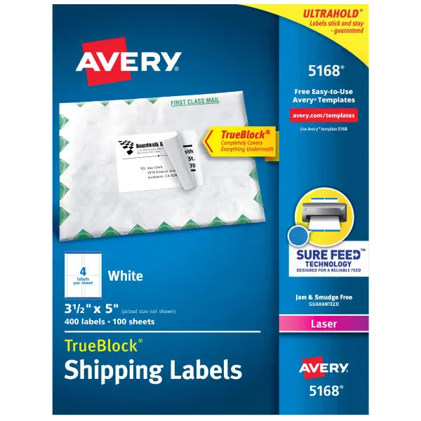 Avery&reg; Printable Shipping Labels with Sure Feed&reg;, 3-1/2" x 5", White, 400 Blank Mailing Labels for Laser Printers (5168)