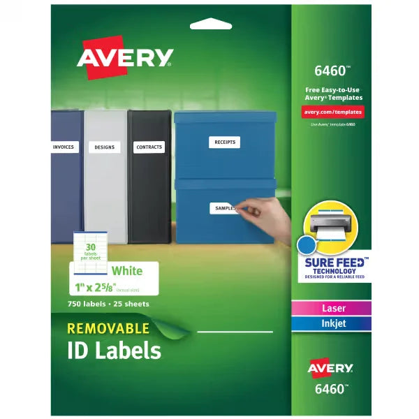 Avery&reg; Multiuse Removable Labels with Sure Feed&trade;, 1" x 2 5/8", 750 White Labels (6460)