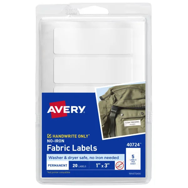Avery&reg; No-Iron Fabric Labels, 1" x 3", Washer and Dryer-Safe Labels, Non-Printable, 20 Blank Labels Total (40724)