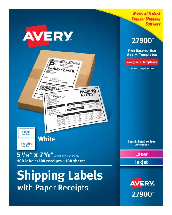 Avery&reg; Shipping Labels  Paper Receipts, Permanent Adhesive, 5-1/16" x 7-5/8", 100 Labels (27900)