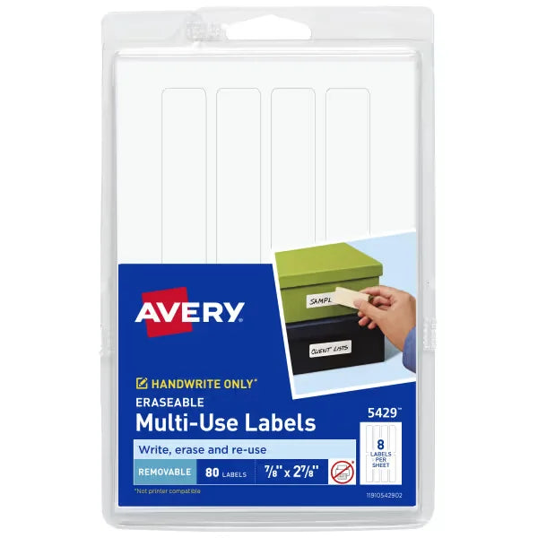 Avery&reg; Erasable Multi-Use Removable Labels, 7/8" x 2-7/8", White, Non-Printable, 80 Small Stickers Total (5429)