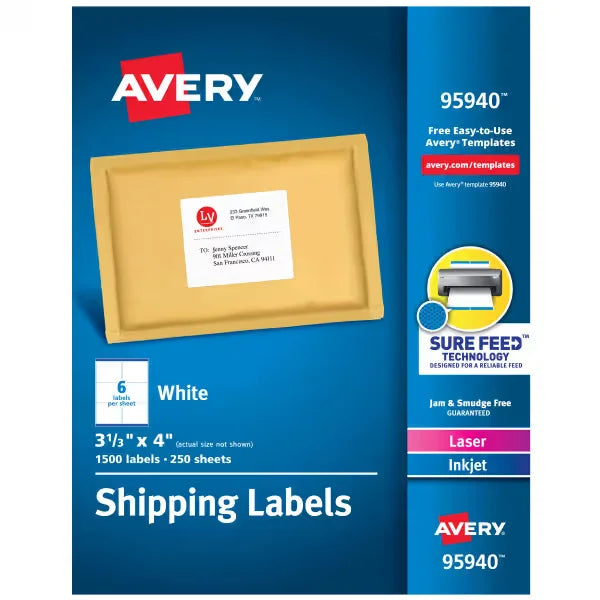 Avery&reg; Shipping Labels, Sure Feed&trade; Technology, Permanent Adhesive, 3-1/3" x 4", 1,500 Labels (95940)