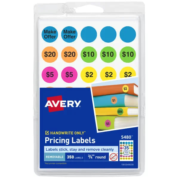 Avery&reg; Pricing Labels, 3/4 Inch Round Stickers, Assorted Colors, Non-Printable, 350 Removable Labels Total (5480)