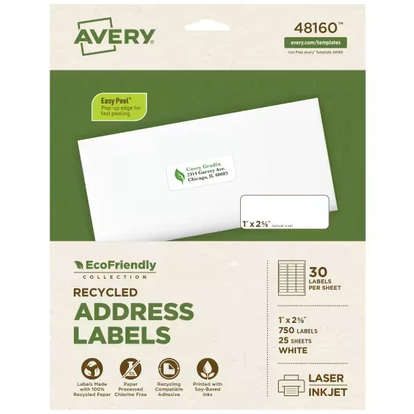Avery&reg; EcoFriendly Recycled Address Labels, 1" x 2-5/8", White, Permanent, 750 Printable Labels (48160)