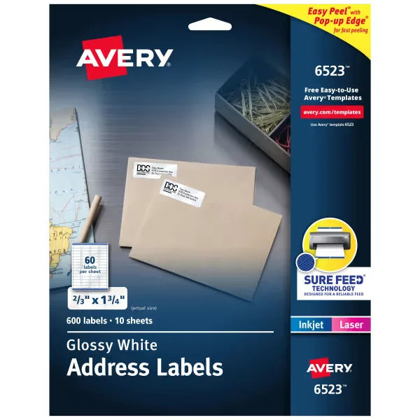 Avery&reg; Return Address Labels with Sure Feed&reg; Technology, Glossy White, 2/3" x 1-3/4", Permanent, Laser/Inkjet, 600 Total (6523)