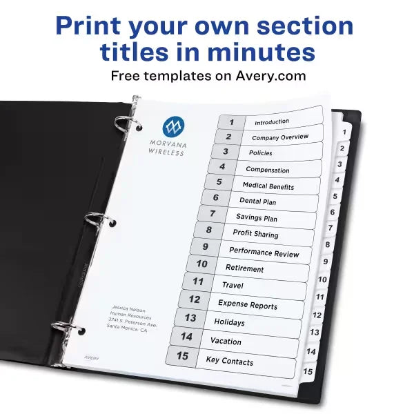 Avery&reg; Ready Index&reg; Dividers for 3 Ring Binders, 15 Tab Sets, Customizable Table of Contents, White Tabs (11142)