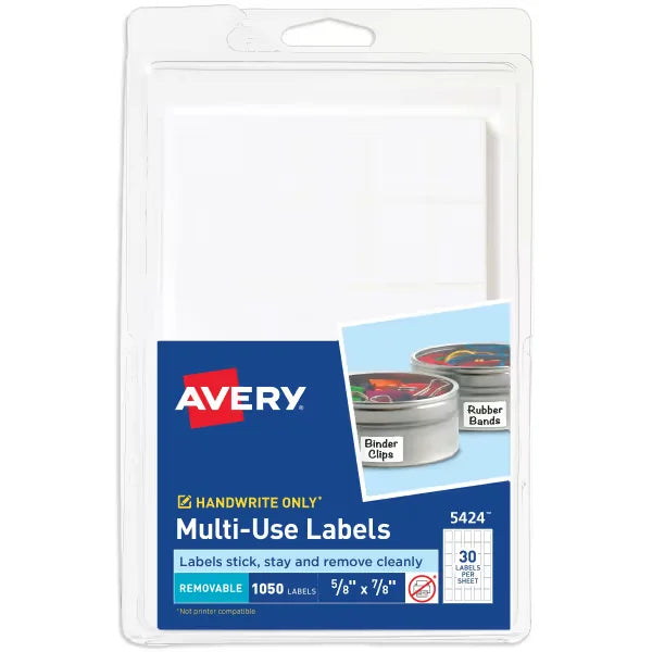 Avery&reg; Multi-Use Removable Labels, 5/8" x 7/8", White, Non-Printable, 1,000 Small Stickers Total (5424)