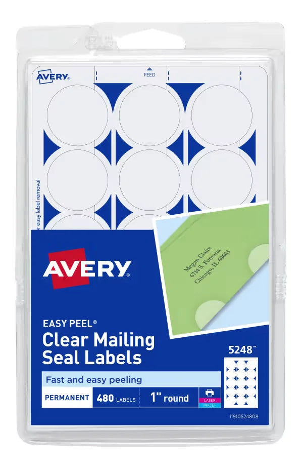 Avery&reg; Mailing Seals, Permanent Adhesive, Clear, 1" Diameter, 480 Labels (5248)