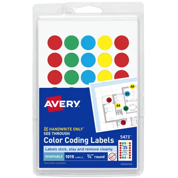 Avery&reg; See-Through Color-Coding Removable Labels, 3/4" Diameter, Translucent Colors, Non-Printable, 1,015 Dot Stickers Total (5473)