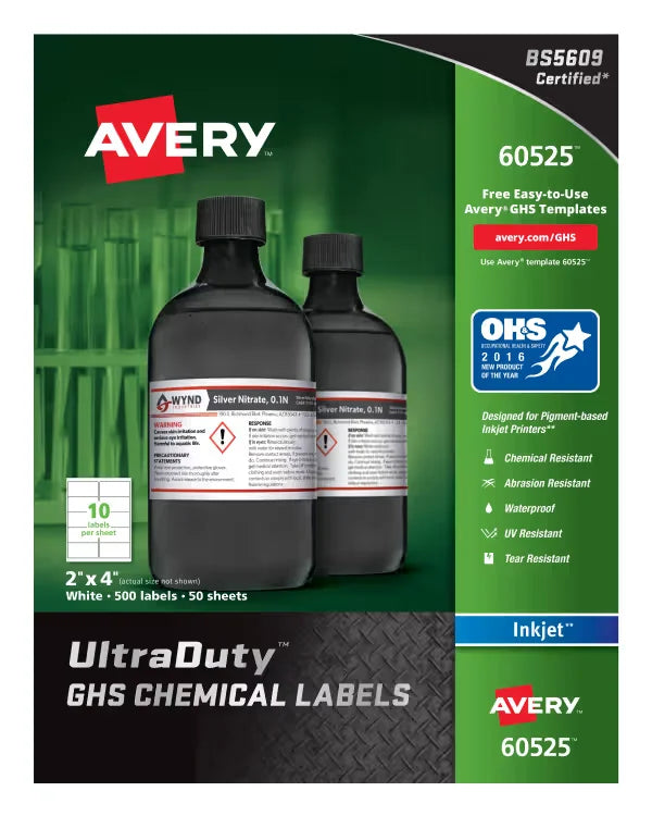 Avery&reg; UltraDuty&reg; GHS Chemical Labels for Pigment Inkjet Printers, Waterproof, UV Resistant, 2” x 4”, 500 Labels (60525)
