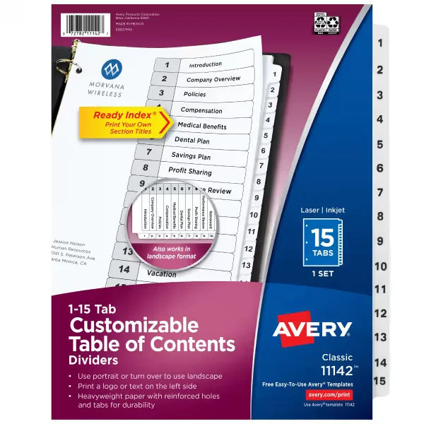 Avery&reg; Ready Index&reg; Dividers for 3 Ring Binders, 15 Tab Sets, Customizable Table of Contents, White Tabs (11142)
