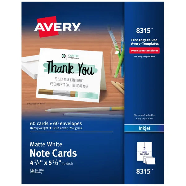 Avery&reg; Note Cards with Envelopes, 4-1/4" x 5-1/2", Matte White, Inkjet Printer Compatible, 60 Total (08315)