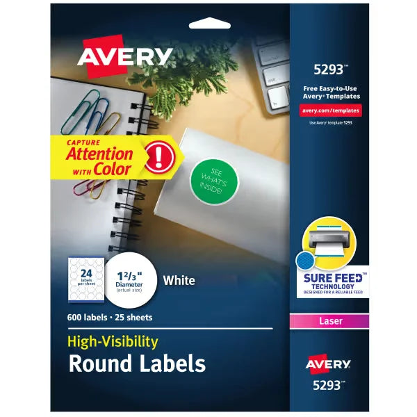 Avery&reg; Round Labels with Sure Feed&reg;, 1-2/3" Diameter, Matte White, Laser & Inkjet Compatible, 600 Labels (5293)