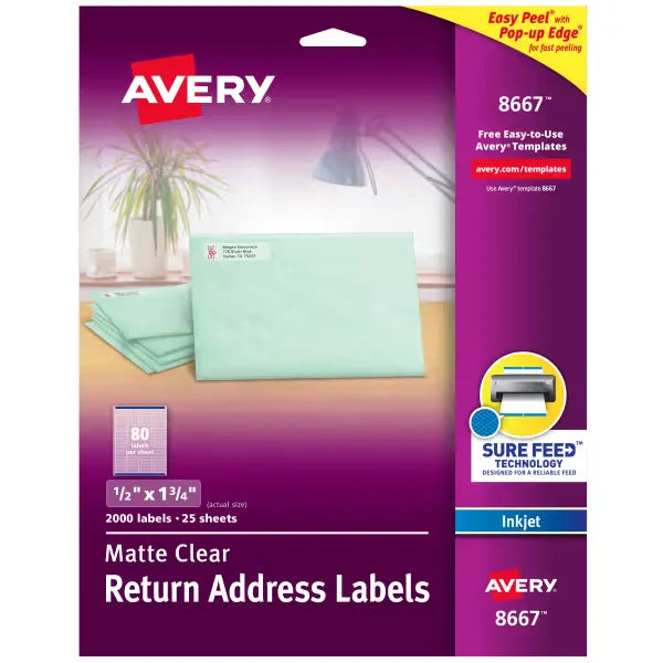 Avery&reg; Matte Clear Return Address Labels, Sure Feed&trade; Technology, Inkjet, 1/2" x 1-3/4", 2,000 Labels (8667)
