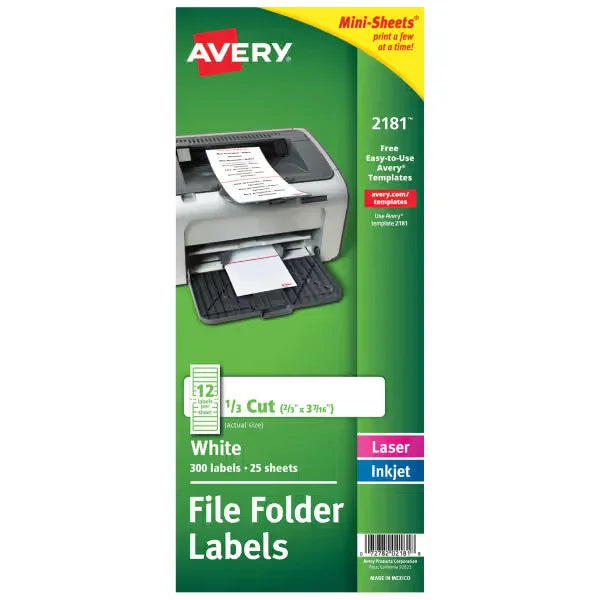 Avery&reg; Mini-Sheets File Folder Labels, 2/3" x 3-7/16", Matte White, Permanent, Laser/Inkjet, 300 Labels (2181)