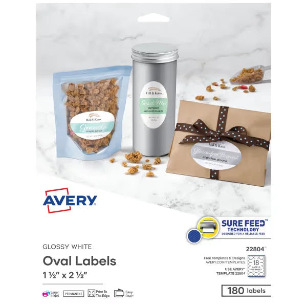 Avery&reg; 1-1/2" x 2-1/2" Oval Labels with Sure Feed, 180 Labels, Permanent Adhesive, Glossy White (22804)