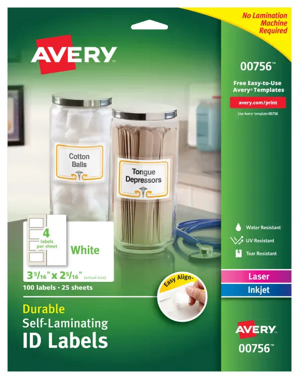 Avery&reg; Easy Align&reg; Self-Laminating ID Labels, Permanent Adhesive, 2-5/16" x 3-5/16", 100 Labels (00756)