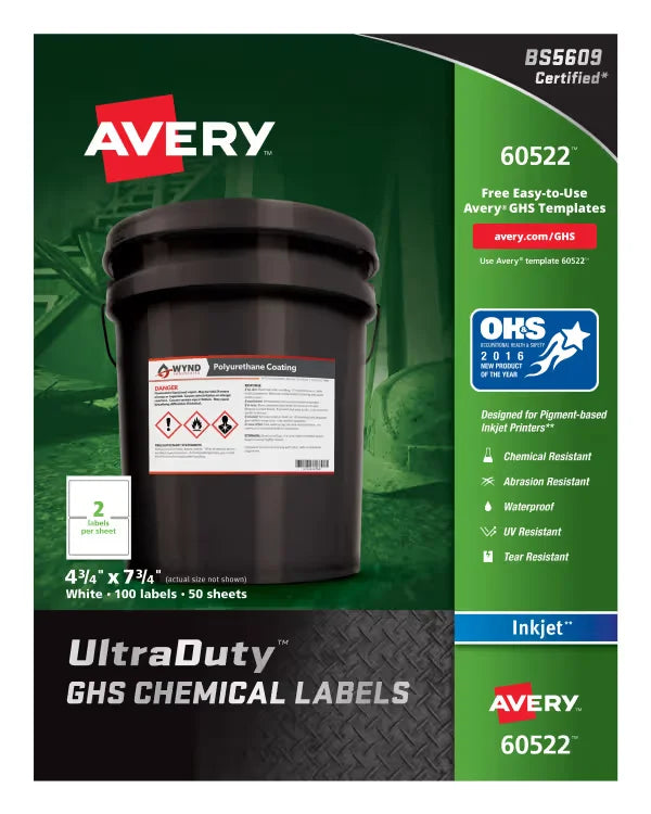 Avery&reg; UltraDuty&reg; GHS Chemical Labels for Pigment Inkjet Printers, Permanent Adhesive, Waterproof, UV Resistant, 4-3/4” x 7-3/4”, 100 Labels (60522)