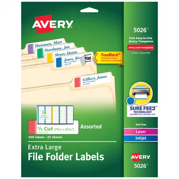 TrueBlock&reg; Extra Large File Folder Labels, 15/16" x 3-7/16", 450 Printable Labels, Permanent, Assorted Colors (5026)