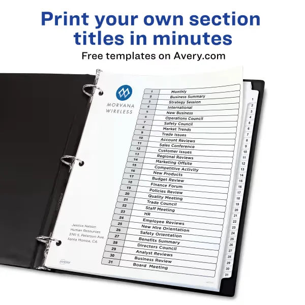 Avery&reg; Ready Index&reg; 1-31 Dividers for 3 Ring Binders, 31 Tab Set, Customizable Table of Contents, White Tabs (11128)