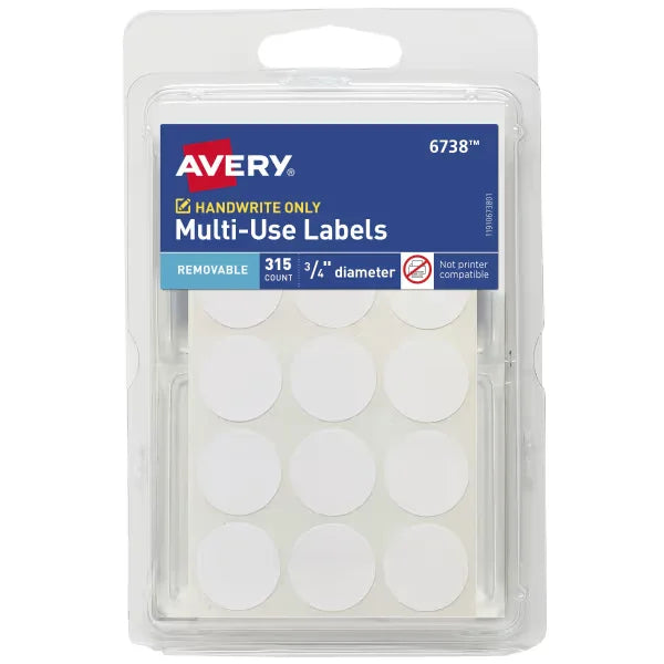 Avery&reg; Multi-Use Removable Labels, 3/4 Inch Round Labels, White, Non-Printable, 315 Round Stickers Total (6738)