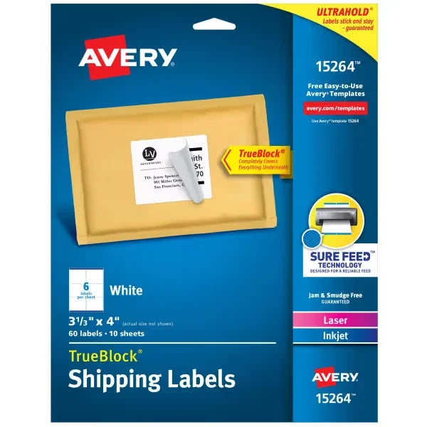 Avery&reg; TrueBlock&reg; Shipping Labels, Sure Feed&trade; Technology, Permanent Adhesive, 3-1/3" x 4", 60 Labels (15264)