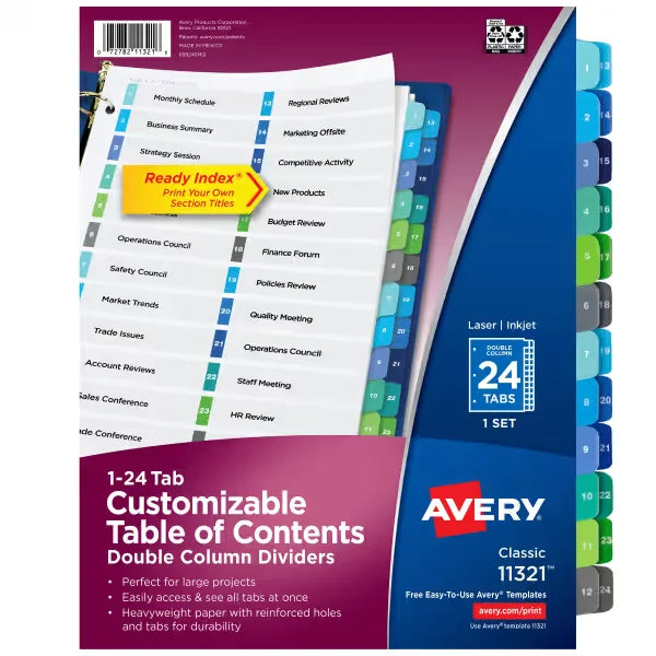 Avery&reg; Ready Index&reg; 24 Tab Double Column Binder Dividers, Customizable Table of Contents, Multicolor Tabs, 1 Set (11321)