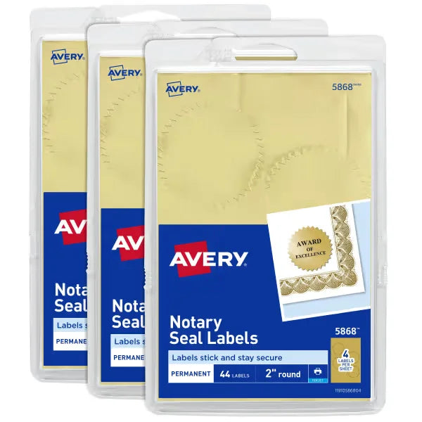 Avery&reg; Notary Seal Labels, 2" Diameter, Printable Gold Certificate Seals, Inkjet, 3-Pack, 132 Gold Seals Total (35868)