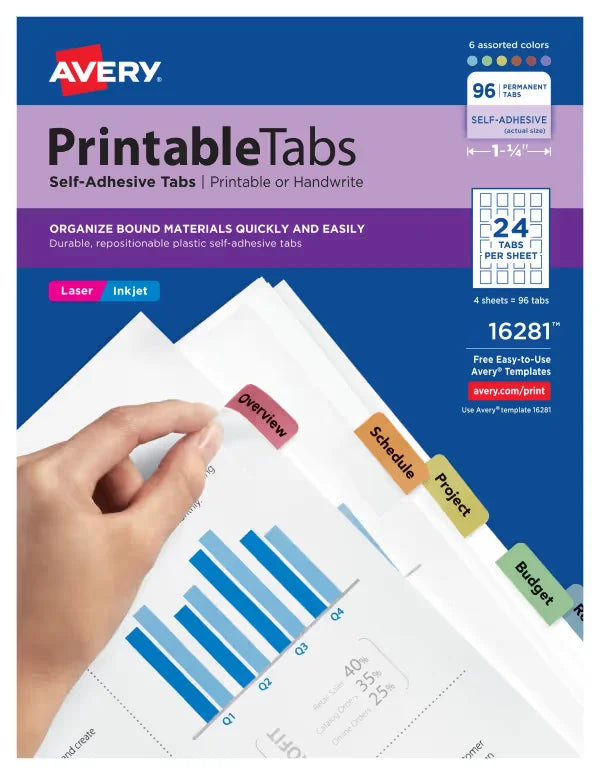 Avery&reg; Printable Tabs, Plastic, Self-Adhesive, Repositionable, 1-1/4" Assorted Colors, 96 Tabs (16281)