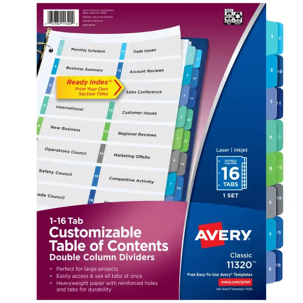 Avery&reg; Ready Index&reg; Double Column Dividers, 16 Tab Sets, Customizable Table of Contents, Multicolor Tabs (11320)