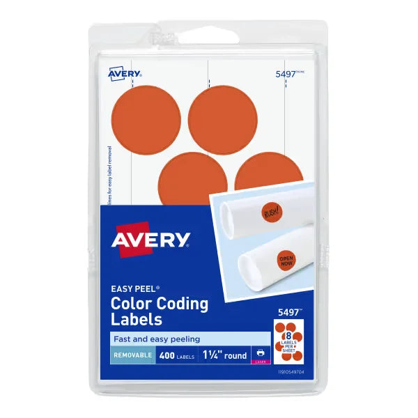 Avery&reg; Removable Color-Coding Labels, Removable Adhesive, Neon Red, 1-1/4" Diameter, 400 Labels (5497)