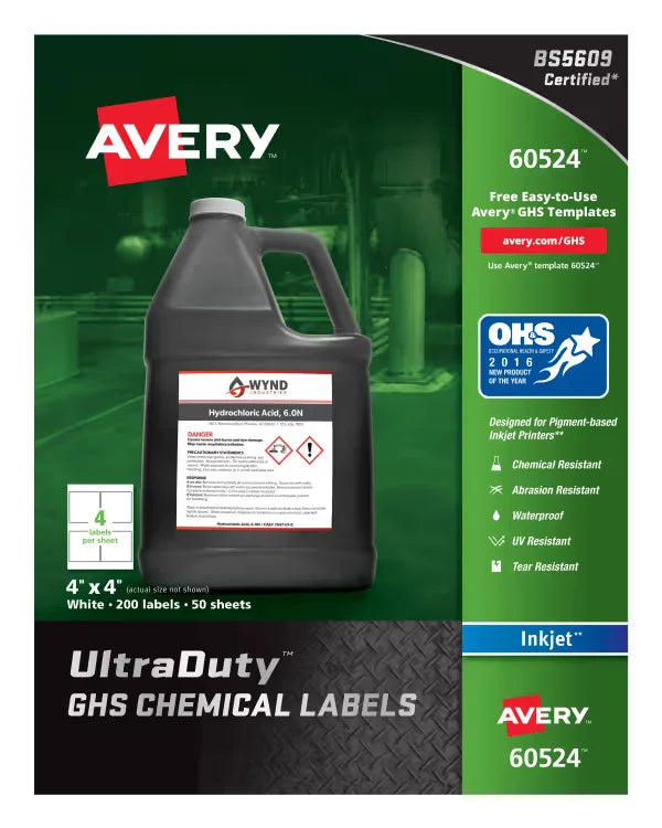 Avery&reg; UltraDuty&reg; GHS Chemical Labels for Pigment Inkjet Printers, Permanent Adhesive, Waterproof, UV Resistant, 4” x 4”,  200  Labels (60524)
