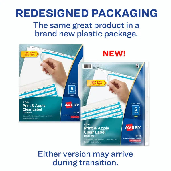 Avery&reg; Print & Apply Clear Label Dividers, Index Maker&reg; Easy Apply&trade; Printable Label Strip, 5 White Tabs (11416)