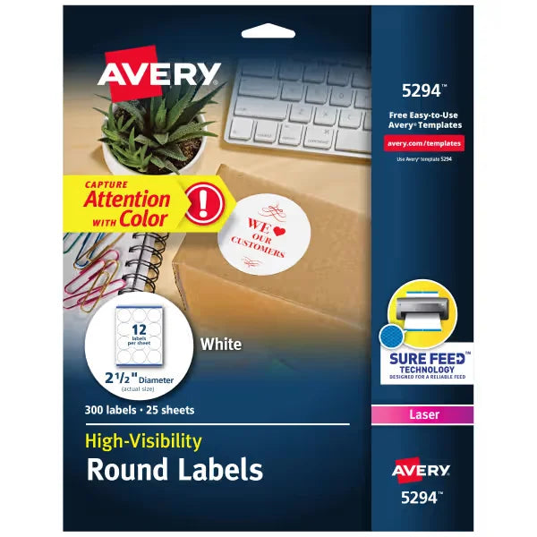 Avery&reg; Round Labels with Sure Feed&reg;, 2-1/2" Diameter, Matte White, Laser & Inkjet Compatible, 300 Labels (5294)